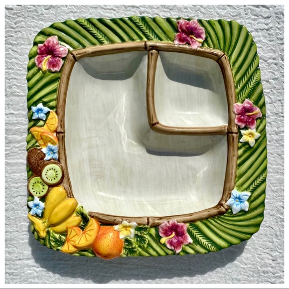 VTG 🏝Tropical Serving  Platter Floral & Fruit Chip Dip Veggie & Dip 🌺🥝🎋🍌🎋. - Picture 5 of 16